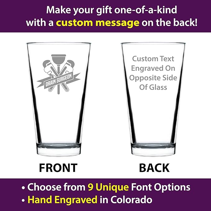 Custom Drain Surgeon - Pint Glass for Beer - Funny Plumber Gifts for Men and Women - 16 oz Glasses