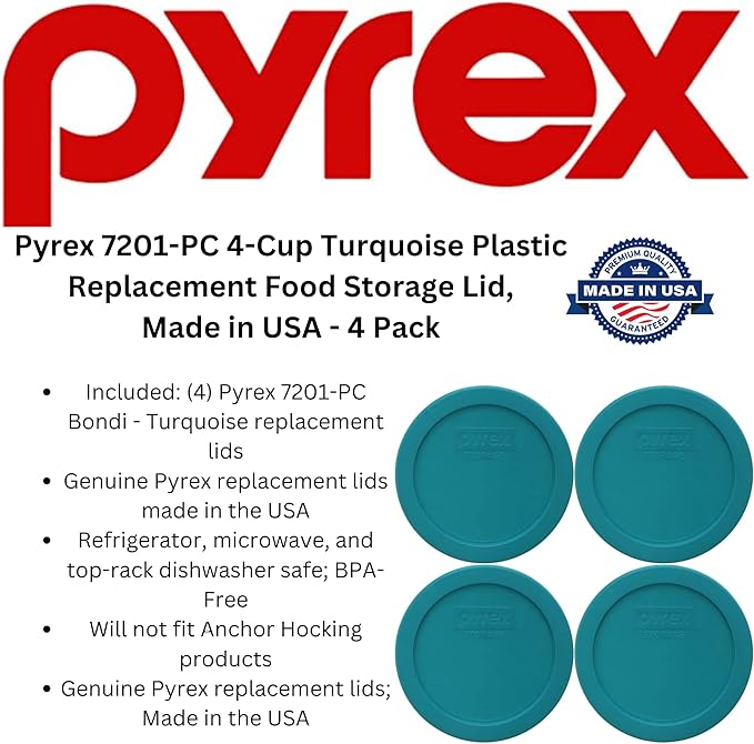 Pyrex 7201-PC 4-Cup Turquoise Plastic Replacement Food Storage Original Genuine Pyrex Lid, Made in USA - 4 Pack