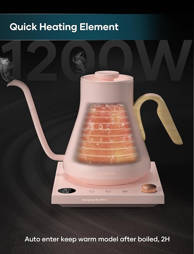 Electric Kettle, Gooseneck Electric Kettle, ±1℉ Precise Temperature Control, Stainless Steel Interior, Quick Heating for Pour Over Coffee, Tea & Boiling Water, 0.9L (Pink)