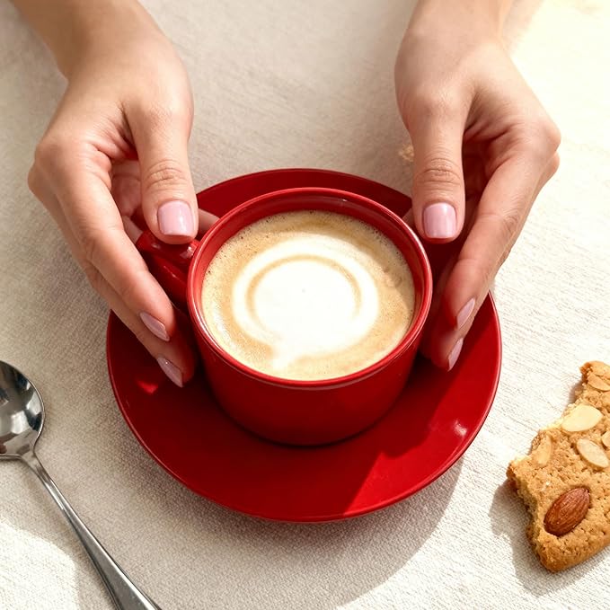 Porcelain 8oz Cappuccino Cup with Saucer - Ceramic Coffee Mug Perfect For Latte&Tea - Microwave and Dishwasher Safe -Tea Cup Sets for Afternoon Party,Christmas Gift,Red