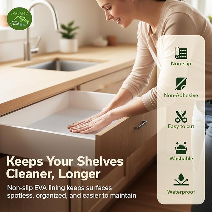 EVALAND Shelf Liners for Kitchen Cabinets Non-Adhesive 12" x 33 FT Clear Drawer Liner Non Slip, Washable Cabinet Liner, Waterproof Shelf Liners for Cabinets, Refrigerator Bathroom Pantry Cabinet Mat