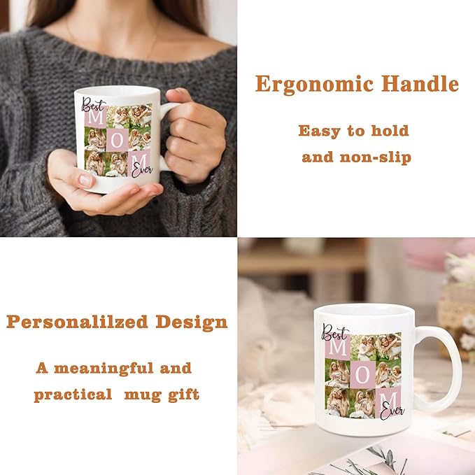 Custom Christmas Coffee Mug Gifts for Mom,11oz Personalized Ceramic Mama Cup with Photo Text & Birth Flower, Customized Birthday Gift for New Moms (Mom-6 Photos)