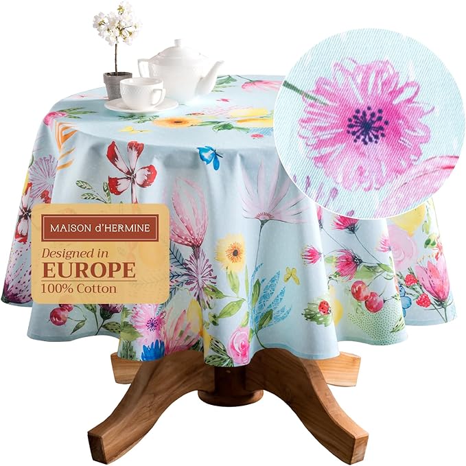 Maison d' Hermine Table Cloth Round Table 100% Cotton 69 Round Inches Tablecloth Reusable Decorative for Dining Room Farmhouse Home Valentines Day Decorations Spring Summer - Jardin D'Ete - Mint