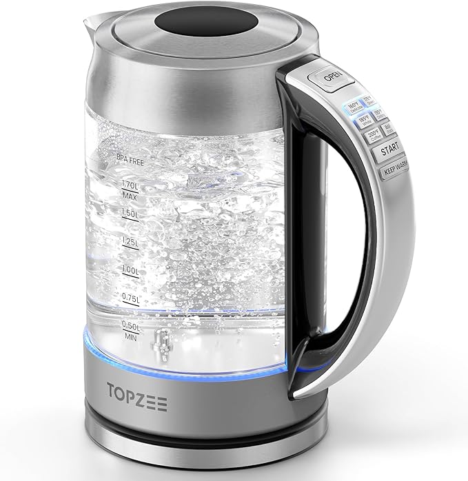 TOPZEE 1.7L Glass Electric Kettle, Hot Water Boiler with 6 Preset Temperatures, 1500W, Keep Warm and Memory Function, Auto Shut-off & Dry Boil Protection, BPA Free, Rapid Boil, Gray, for Coffee & Tea