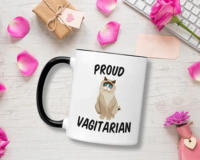 Casitika Funny LGBT Mugs. Proud Vagitarian 11 ounce Lesbian Coffee Mug. Cup Idea for Gay Girlfriend or Friend on Her Birthday or Anniversary. (Black Handle/Rim)