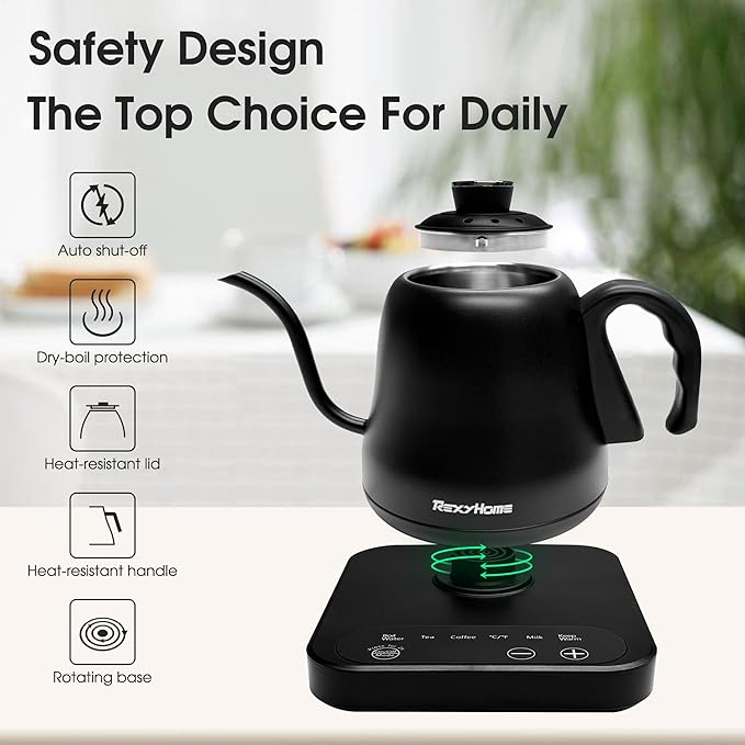 Gooseneck Electric Kettle Temperature Control: ±1℉ Precise Target & Keep Warm, Quick Heating 316L Stainless Steel Electric Kettles for Boiling Water, Pour Over Coffee, Brew Tea & Milk, 1000W/0.8L