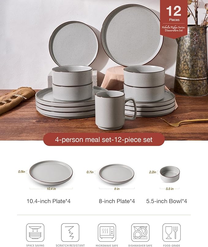 Famiware Nebula Ridge Stoneware Dinnerware Sets, Plates and Bowls Sets for 4, 12 Pieces Dishes Set, Microwave and Dishwasher Safe Kitchen Plates, Light Gray