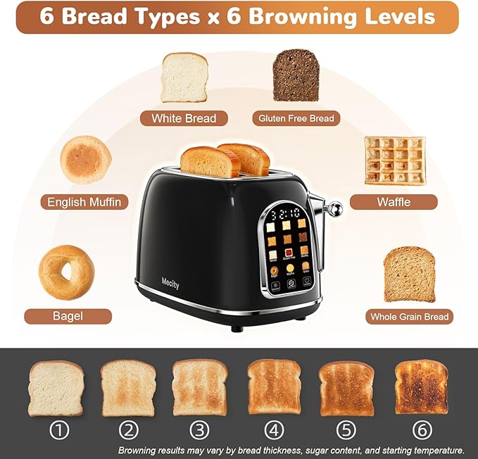 Mecity Toaster 2 Slice, Touch Screen Wide Slot Retro Toaster For Breads Bagel Muffin Waffle, House Warming Gift New Home, 120V 825W, Jet Black
