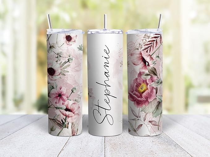 MRC Wood Products 20oz Skinny Tumbler Personalized Floral - Stainless Steel Double Wall Insulated Cup with Lid and Straw (Red)