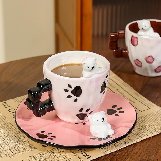 Cute Ceramic Coffee Mug, Handmade Polar Bear Tea Cups and Saucers for Women Tea Party, Latte Milk Cappuccino 8OZ (Pink Paw Prints)