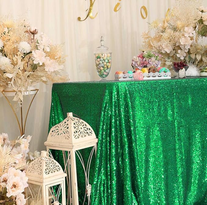 Eternal Beauty Green Tablecloth, 50x80 Inch Sequin Rectangle Glitter Table Cover for Cake Dessert Exhibition Party Birthday Events