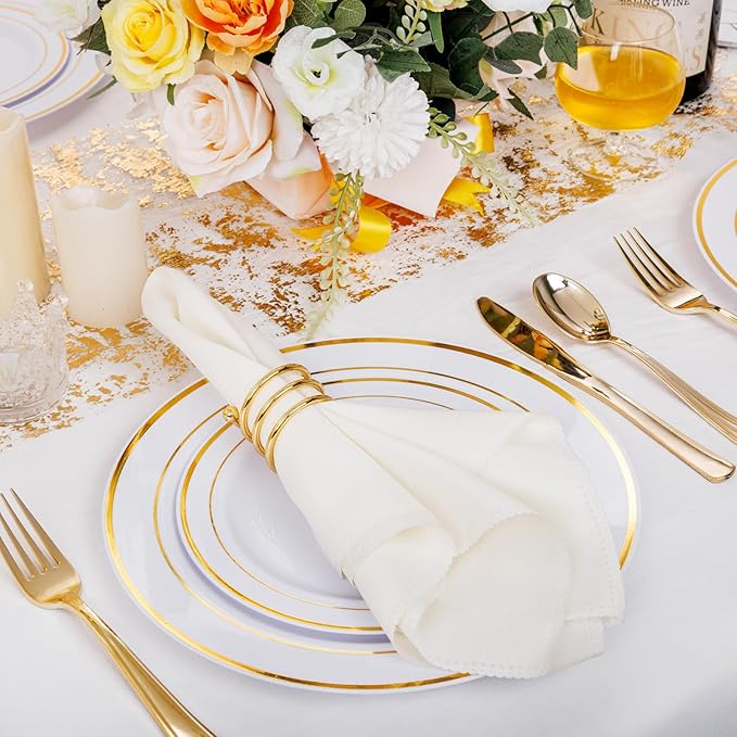 I00000 60 Pieces Gold Plastic Plates, Heavy Duty White and Gold Plastic Plates for 30 Guests Include: 30 Gold Rim Dinner Plates and 30 Gold Dessert Plates Perfect for Wedding & Party