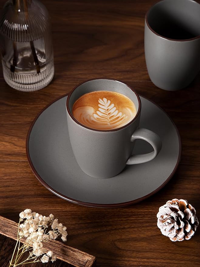 famiware Venus Coffee Mugs for 6, 14 oz Mug Set, Dringking Cup with Handle for Coffee, Tea, Cocoa, Milk, Dark Grey
