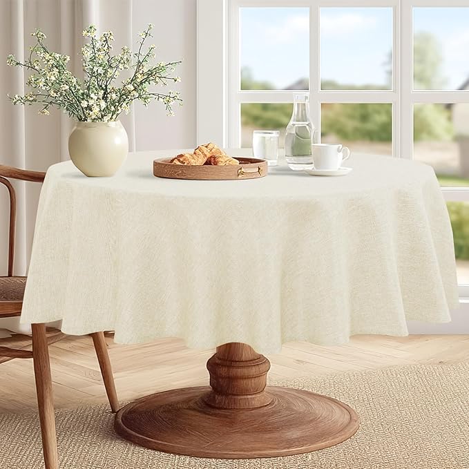 JIUZHEN Faux Linen Round Tablecloths 84 inch, Decorative Wrinkle Free Texture Rustic Circle Table Cloth Cover for Kitchen, Dining, Party, Wedding, Outdoor Use (84 Inch Round,Champagne)