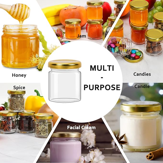 Betrome 1.5 oz Mini Glass Honey Jars, 60 Pack 45ml Clear Canning Jars Jam Jars with Gold Lids, Wood Dipper, Bee Pendants,Twine String,Bee Stickers &Tags -Perfect for Baby Shower,Wedding Party Favors.