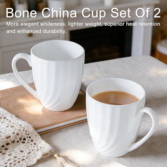 Fine Bone China White Coffee Mugs Set of 2 (12 oz), Ceramic Spiral Pattern Tea Cups, Thin China Coffee Cups, Lightweight Coffee Mugs for Hot Chocolate, Latte, Cappuccino