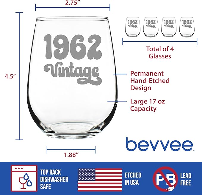 Bevvee Vintage 1962 Stemless Wine Glass - 64th Birthday Gifts for Women & Men Turning 64 - Bday Party Decor - Set of 4 - Large 17 oz