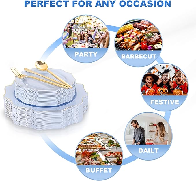 WDF 175Pcs Blue Plastic Plates - Heavy Duty Baby Blue Plates Disposable - 25Guests Plastic Dinnerware Ideal for Parties/Wedding/Baby Shower/Easter