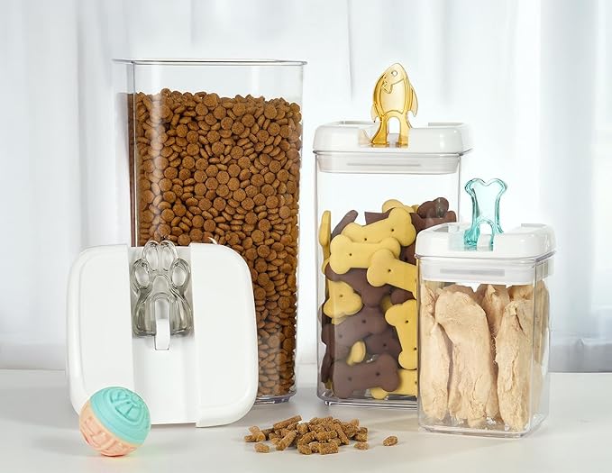 Felli Flip Tite Pet Food Container with Airtight Lids, BPA FREE Acrylic Canister with Paw Bone Fish Flip Top Handles for Cat Dog Kibble Treats Storage, Keep Fresh (Pet Collection Nest-L 3pk)