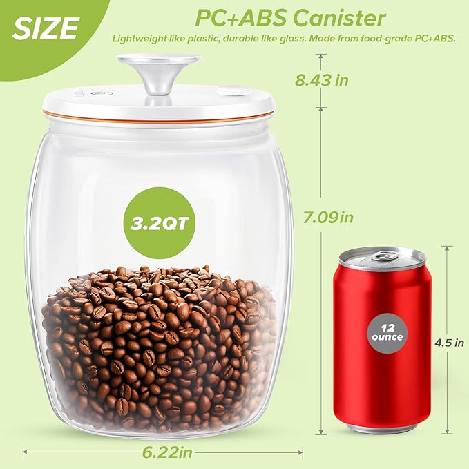Secura VacGuard Fresh Canister, Electric Vacuum Canister, Smart Storage Container & Coffee Containers for Coffee Beans, Cookie & Pet Food 3 L, 101 oz
