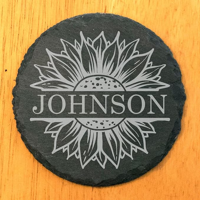 Personalized Monogram Family Coasters, Natural Stone Set, Birthday, Wedding, Customized, Rustic - Round Slate - Set of 5