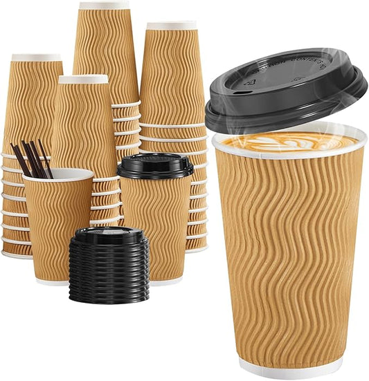 SIUQ 16 oz Coffee Cups-90 Pack Disposable Coffee Cups with Lids and Straws, Insulated Ripple Wall To Go Paper Coffee Cup for Coffee, Juice, Hot Chocolate and Hot Tea Drinks - Champagne