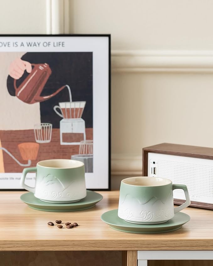 ZENS 8 Ounce Artistic Cappuccino Cups Set of 2, Embossed Ceramic Coffee Mug with Saucers for Latte Art, Moss Green & White