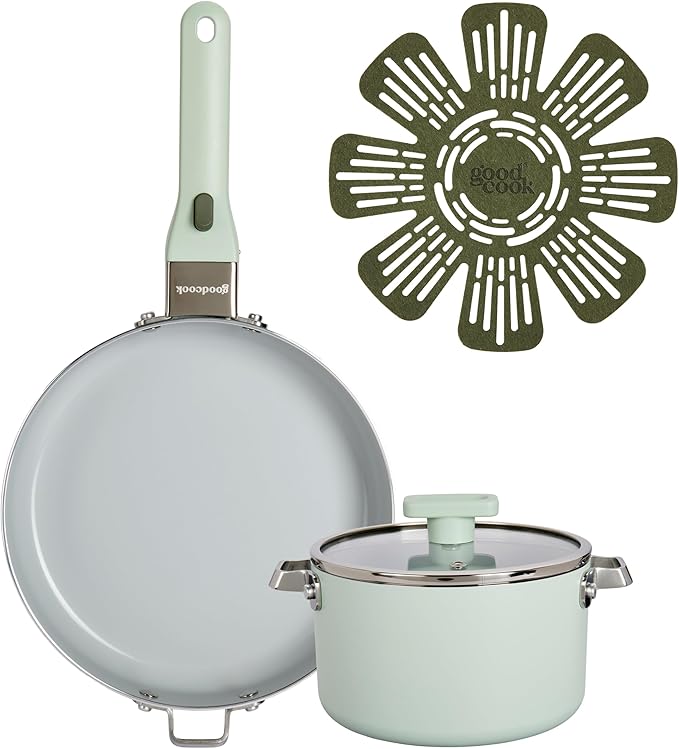 GoodCook Ceramic Cookware Set 5-Piece with Removable Handle, Induction Compatible, Nonstick and Oven Safe with 9.5-Inch Frypan, Sage Green
