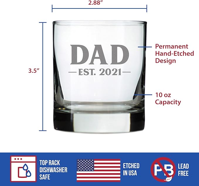 Bevvee Dad Est 2021 - New Father Whiskey Rocks Glass Gift for First Time Parents - Bold 10.25 Oz Glasses
