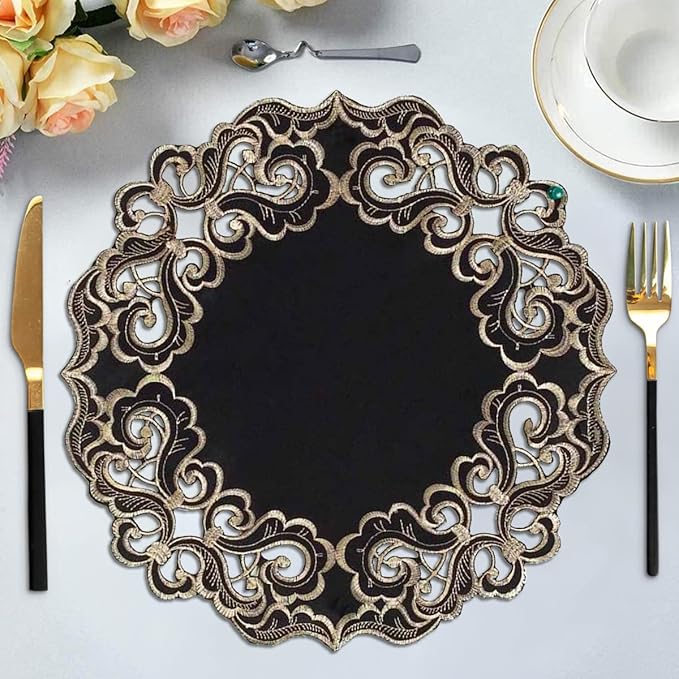 Decozen Set of 4 Doilies for Table, Lace Doilies - Rustic, Crochet, Farmhouse, Kitchen, Dining Table Centerpiece Decor - Round Christmas Placemats for Home - 15 inch Gold Black, Granada Collection