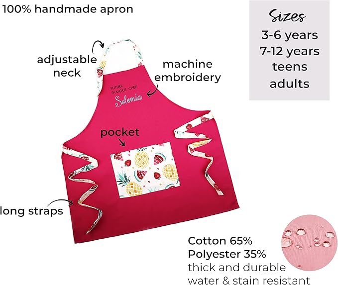 Kids Apron - Embroidered Personalized Cooking Custom Apron with Name, Adjustable, Cotton, with Pockets, for cooking