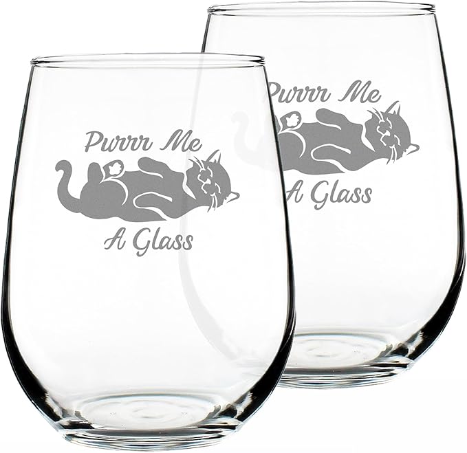 Bevvee Purr Me A Glass – Cat Stemless Wine Glass, Etched Sayings, Funny Kitten Gift, Large Glasses