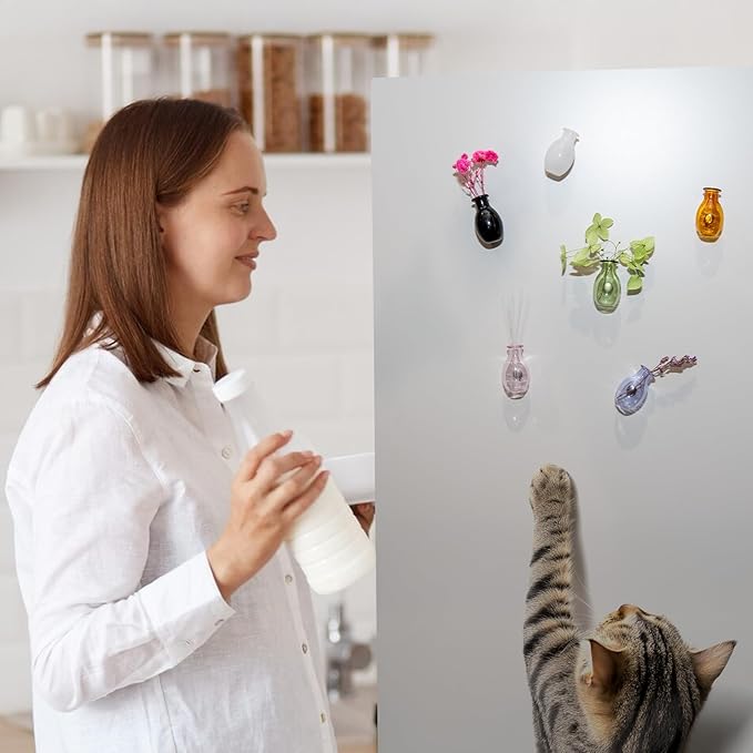 Nuvretk 2PCS Mini Glass Cat Whisker Vase - Fridge Magnet Cat Whisker Holder with Strong Adhesive, Clear Miniature Vases for Keepsake or Décor（Black and White）