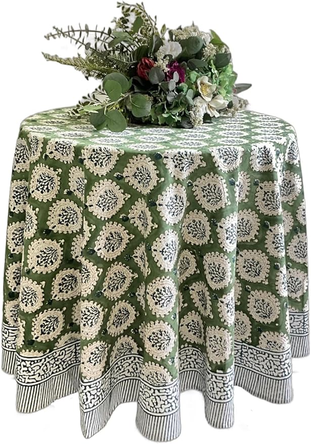 ATOSII Kari Green 100% Cotton Round Tablecloth, Handblock Print Floral Table Cloth for Kitchen Dining Linen I Parties, Weddings, Outdoors, Easter, Spring Summer Decor I 60" Inches Round
