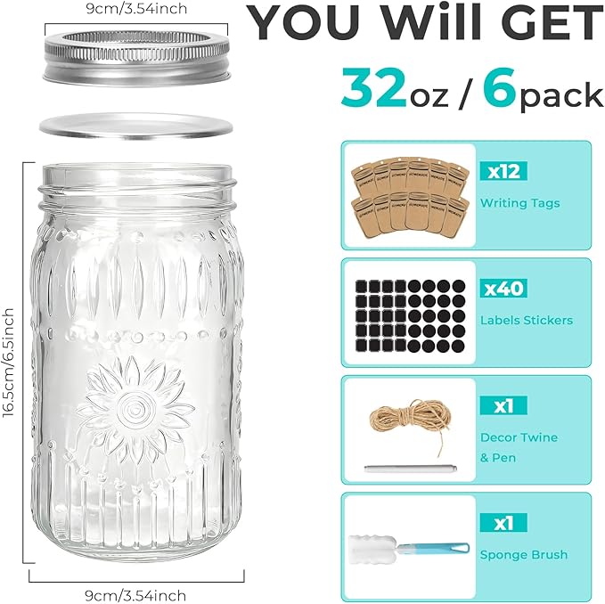 CycleMore 6 Pack 32oz Glass Mason Jars with Silver Two-Piece Lids - Wide Mouth Jars, 1 Quart Canning Jars With Sunflower Print for Preserving, Decor & Storage