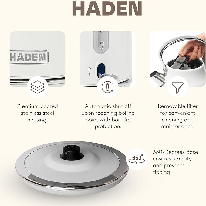 Haden Heritage Stainless Steel Body Retro Electric Tea Kettle, White and Haden Heritage 4 Slice Wide Slot Stainless Steel Retro Toaster, White