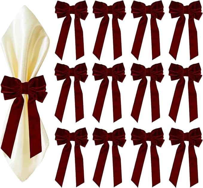 Bow Napkin Rings Set of 12 Luxury Soft Burgundy Velvet Napkin Holders, Elegant Bow Design for Christmas Holiday Dinner Wedding Party Table Decor