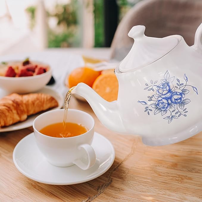 Lynns Porcelain Vintage Teapot with Embossed Swirls 37oz Tea Pot Classic White Tea Set for Parties & Celebrations Ideal Teapot for Tea Cups & Saucers Perfect for Tea Parties - Royal Rose