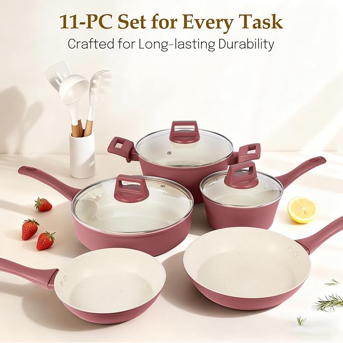 Pots and Pans Set Non Stick, 11-Piece Nonstick Induction Cookware Set, Non-Toxic Kitchen Cooking Set with Frying Pans, Saucepan, Stock Pot, PFOA Free, Red Brown