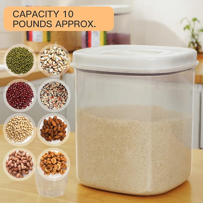 Rice Dispenser,10 Lbs Rice Container Storage with Measuring Cup Food Cereal Container Bins Household for Kitchen Pantry Organization
