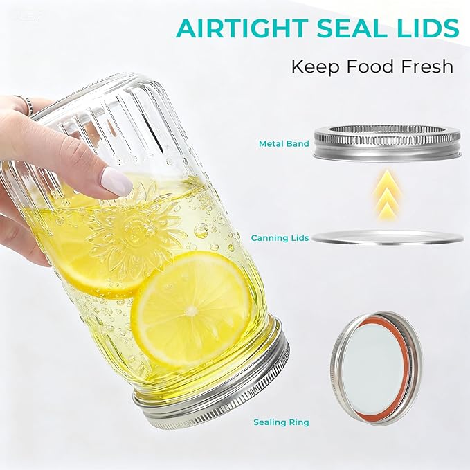 CycleMore 6 Pack 32oz Glass Mason Jars with Silver Two-Piece Lids - Wide Mouth Jars, 1 Quart Canning Jars With Sunflower Print for Preserving, Decor & Storage