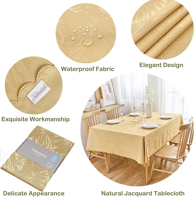 Rectangle Tablecloths 60x84 Inch Waterproof Washable Golden Oblong Table Clothes for 6 Foot Tables Leaves Pattern Silky Soft Table Covers for Kitchen Dining Party Banquet Decoration