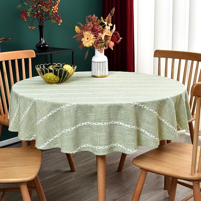 Zobesta 60 Inch Round Table Cloth Green, Linen Round Tablecloth Heavy Weight Washable Farmhouse Soft Boho Tablecloth for Party, Holiday, Picnic, Dining, Outdoor,Fall