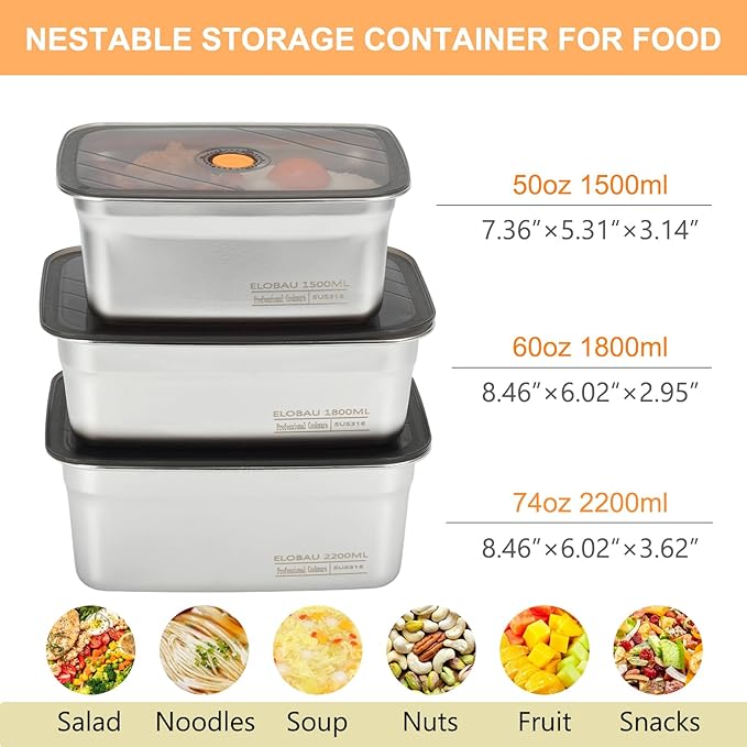 3 Pack Food Storage Containers with Lids, Stainless Steel Fridge Storage Containers Airtight Leak-Proof Metal Storage Containers for Food Leftover Storage at Home or for Camping Trip Road Trip (3 Pcs)