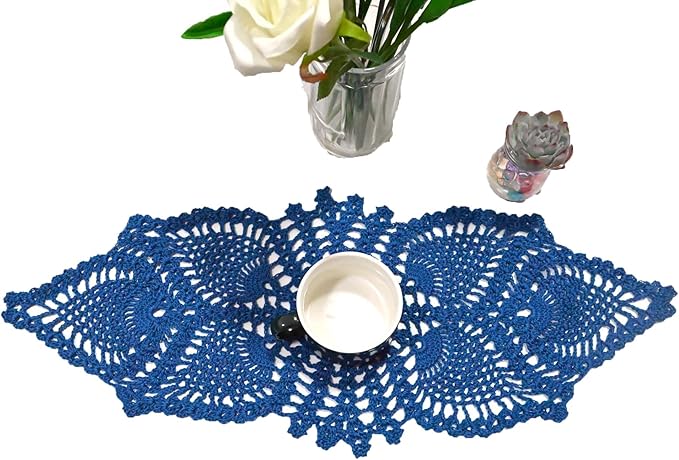 BIBITIME Crochet Lace Table Doilies Eyes Flower Doily Kitchen Vase Place Mats (Navy, 7 in x 21 in,Pack of 1PC)
