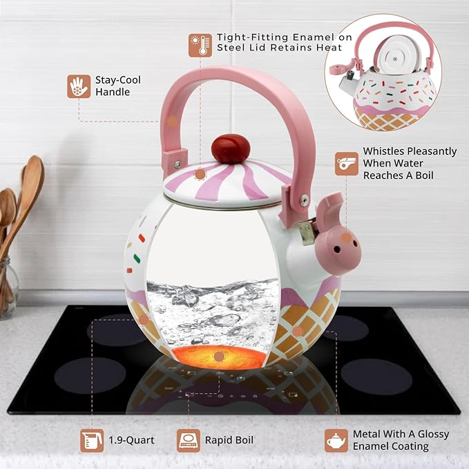 Whistling Tea Kettle Enamel on Steel Teakettle, Supreme Housewares Strawberry Cupcake Design Teapot Water Kettle Cute Kitchen Accessories Teteras, 1.7 Quart