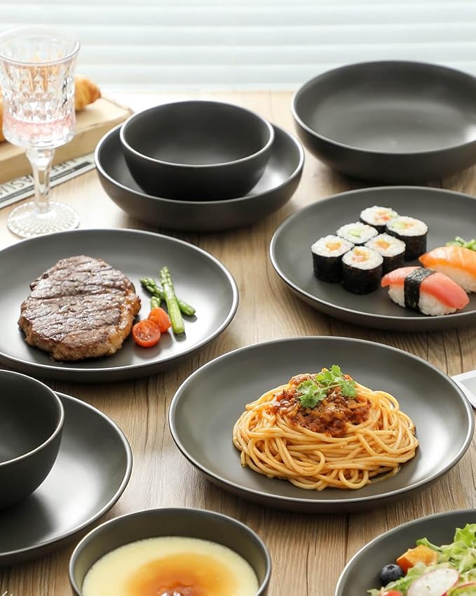 Stoneware Dinnerware Set for 4 Person,12 Pieces Ceramic Plates and Bowls Sets Matte Black Modern Dish Set for Kitchen Dinner,Scratch Resistant,Microwave and Dishwasher Safe,Round