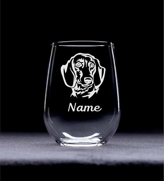 C M Dachshund Dog 17 oz. Custom Stemless Wine Glass with Name - Personalized Dog Gift for Women and Men