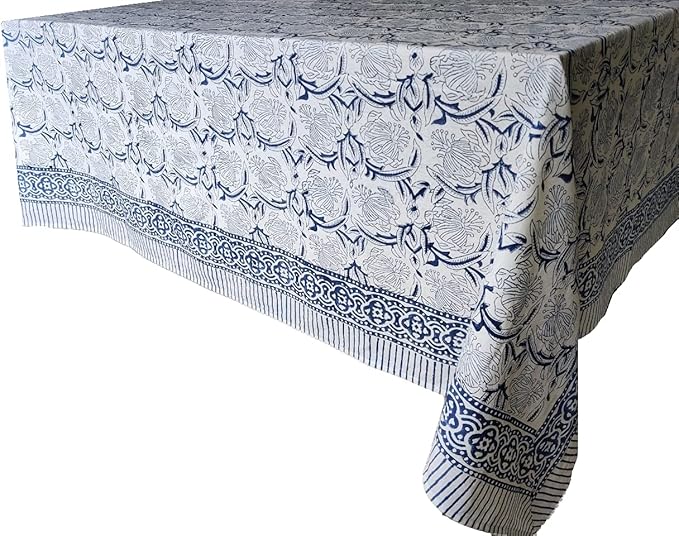 ATOSII ‘Santorini’ 100% Cotton Fall Tablecloth, Handblock Print Blue Rectangle Table Cloth for Kitchen I Dining Table Linen I Parties Wedding Christmas Thanksgiving I Fall Decor 60 X 108 Inches