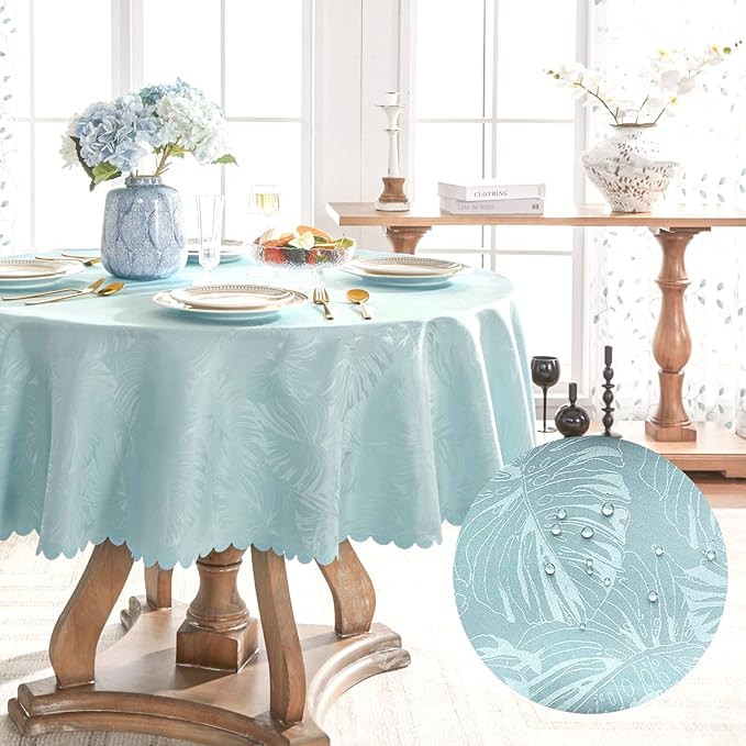 Table Cloth Blue Round Tablecloth 60 Inch Leaves Pattern Scalloped Edge Silky Soft Waterproof Wrinkle Resistant Washable Circle Table Cover for Kitchen Dining Party Banquet Patio Decor